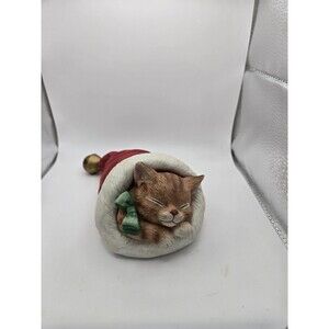 VINTAGE SCHMID GORDON FRASER CAT IN SANTA'S HAT MUSIC BOX 1987 CHRISTMAS Tested